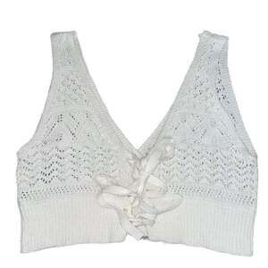 White Crochet Knit Lace-Up Crop Top, V-Neck
